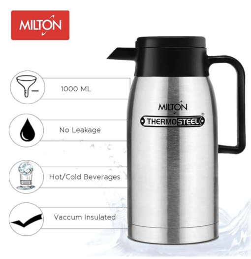Milton Omega 1000 Thermosteel Vacuum Insulated 24 Hours Hot or Cold Carafe, 1000 ml, Silver | 100% Leak Proof | Easy to Carry | Ideal for Tea | Coffee | Juice | Water - Image 2